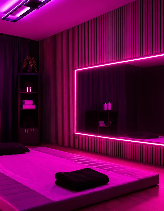 LinDom Massage salon atmosphere with soft pink lighting