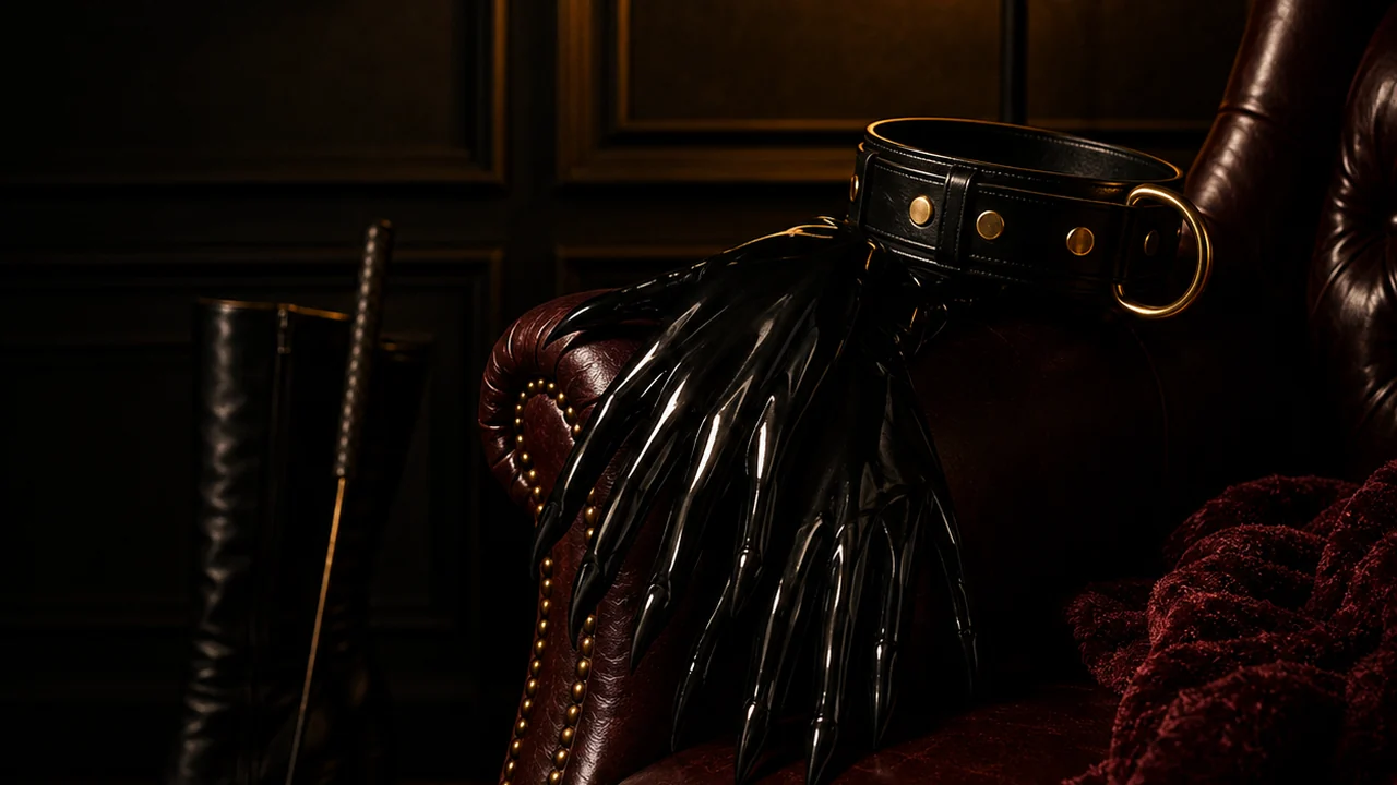 Domina session equipment with leather chair and gloves – LinDom Massage Budapest